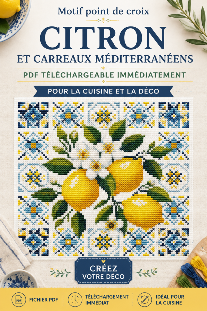 Motif de point de croix citron en décoration de cuisine