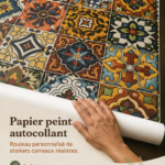 Salle de bain modernisée avec du papier peint effet carrelage