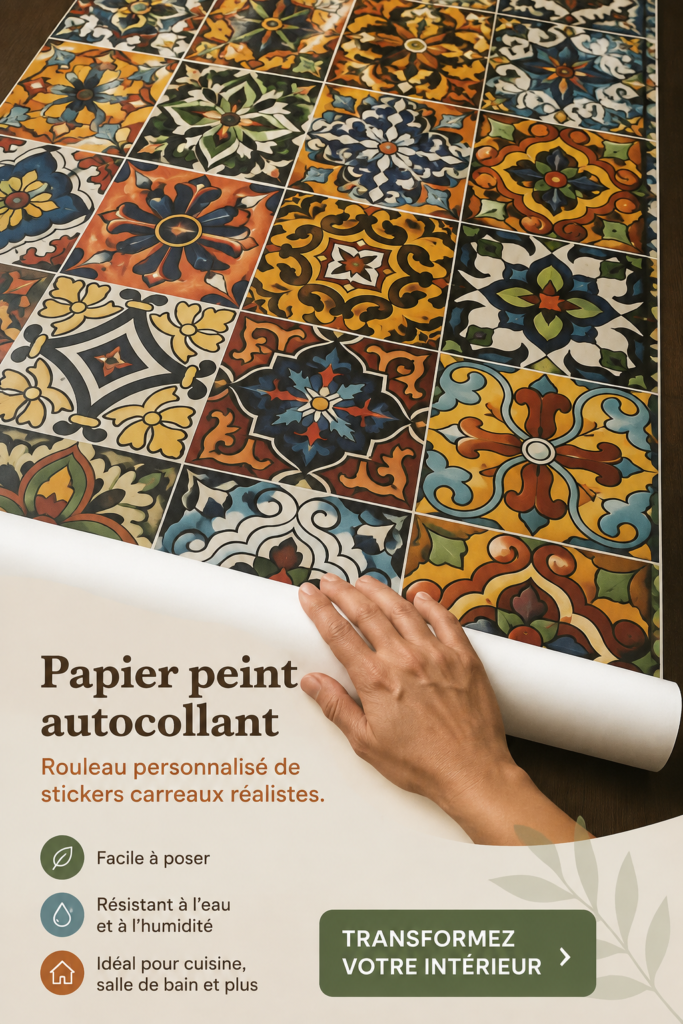 Salle de bain modernisée avec du papier peint effet carrelage