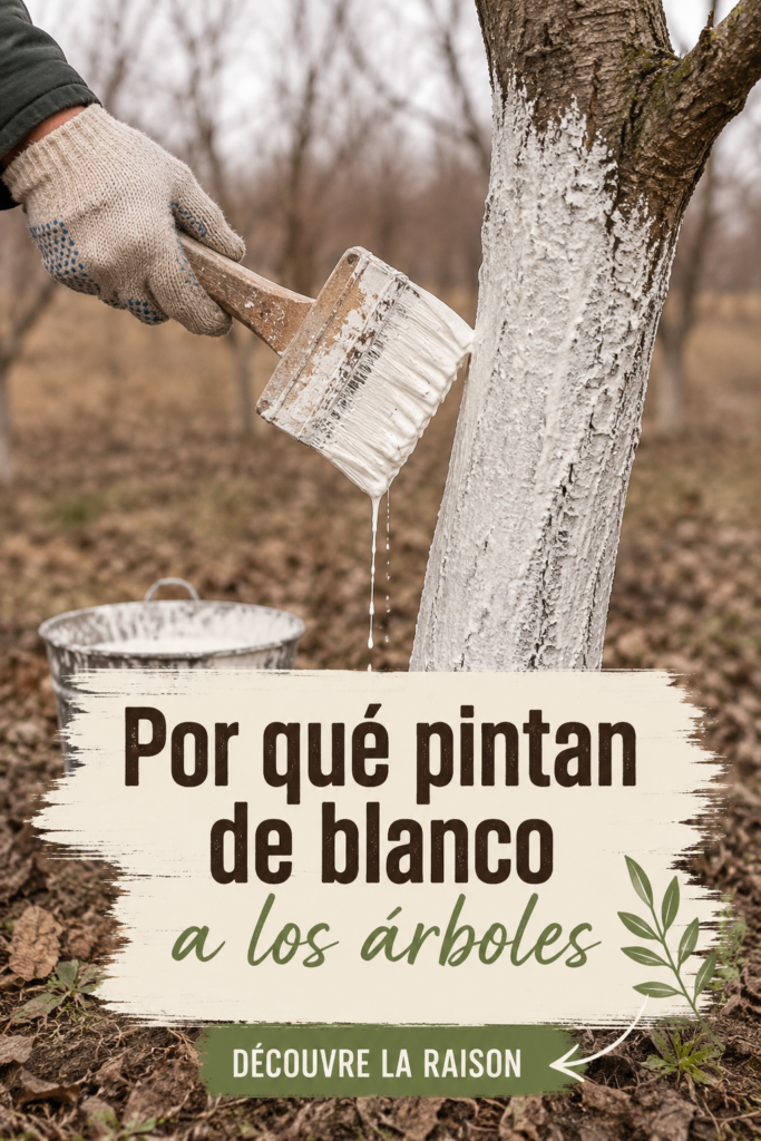 Gros plan d'arbres peints en blanc dans un jardin ensoleillé