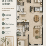 Plan de maison moderne avec 3 chambres et 2 salles de bain, conçu pour le confort familial.