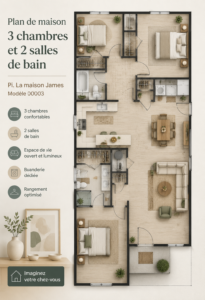 Plan de maison moderne avec 3 chambres et 2 salles de bain, conçu pour le confort familial.