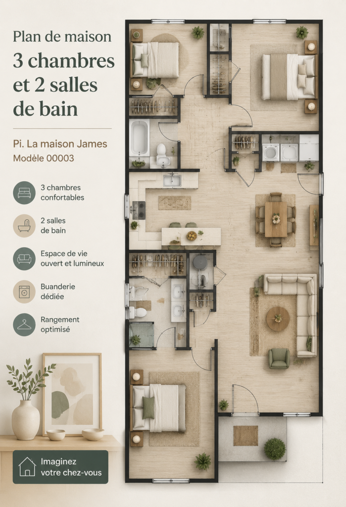 Plan de maison moderne avec 3 chambres et 2 salles de bain, conçu pour le confort familial.