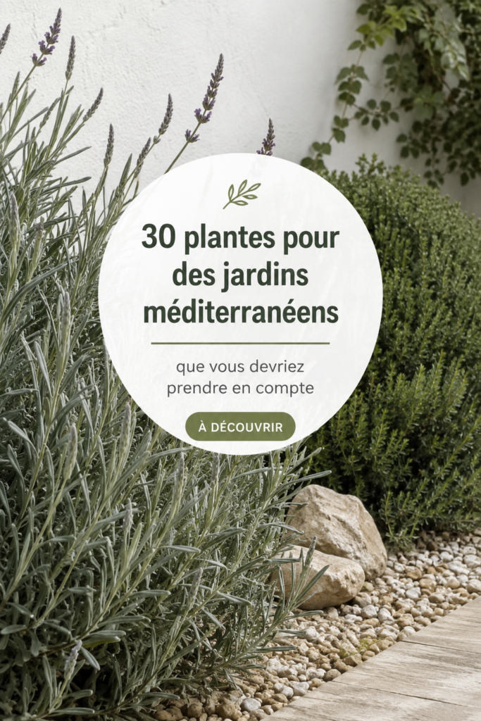 Un beau jardin méditerranéen avec diverses plantes colorées et un espace accueillant.