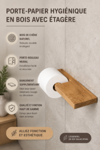 Porte-papier en bois avec étagère dans une salle de bain moderne