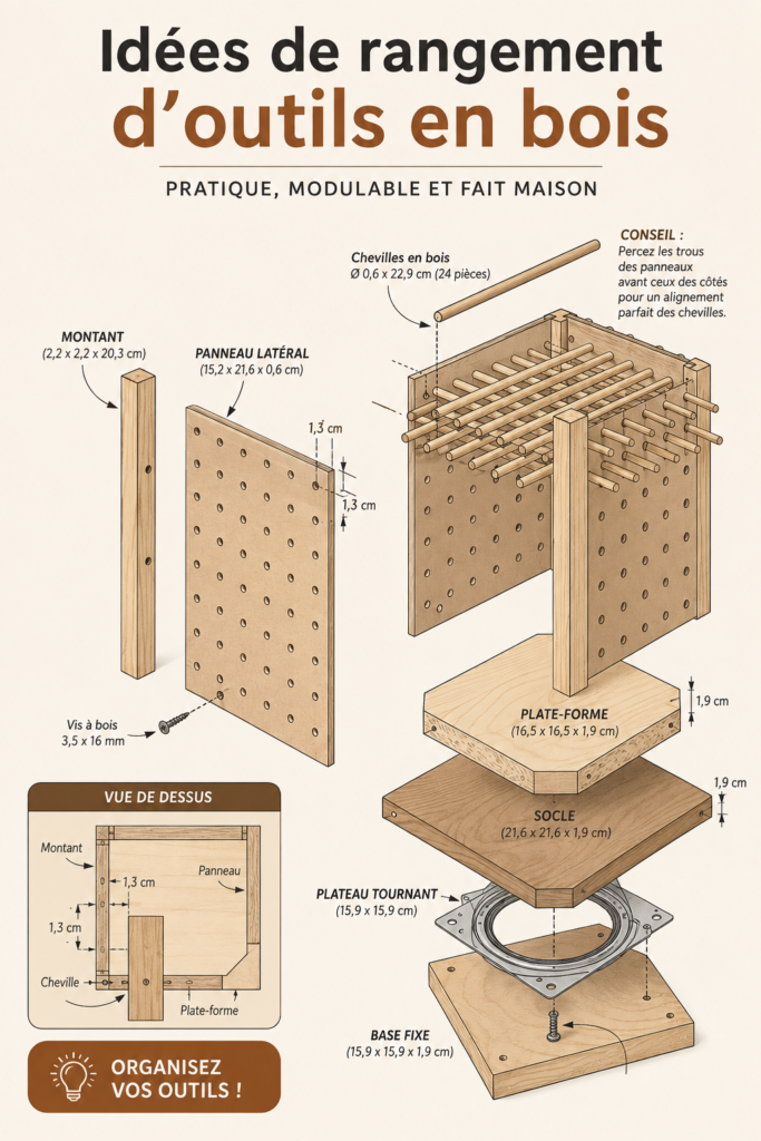 Un rangement en bois DIY pour outils, moderne et esthétique.