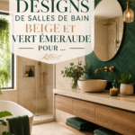 Salle de bain modernisée avec des murs beiges et des accessoires vert émeraude.