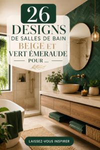 Salle de bain modernisée avec des murs beiges et des accessoires vert émeraude.