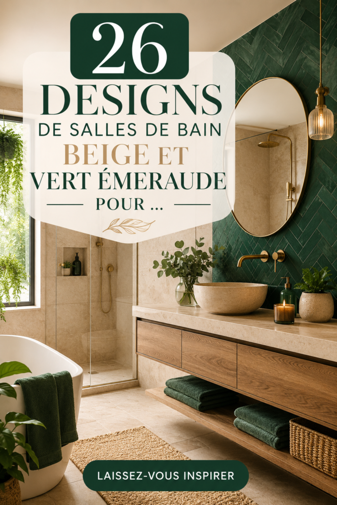 Salle de bain modernisée avec des murs beiges et des accessoires vert émeraude.