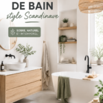 Une magnifique salle de bain scandinave lumineuse avec meubles en bois clair et décoration minimaliste