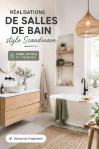 Une magnifique salle de bain scandinave lumineuse avec meubles en bois clair et décoration minimaliste