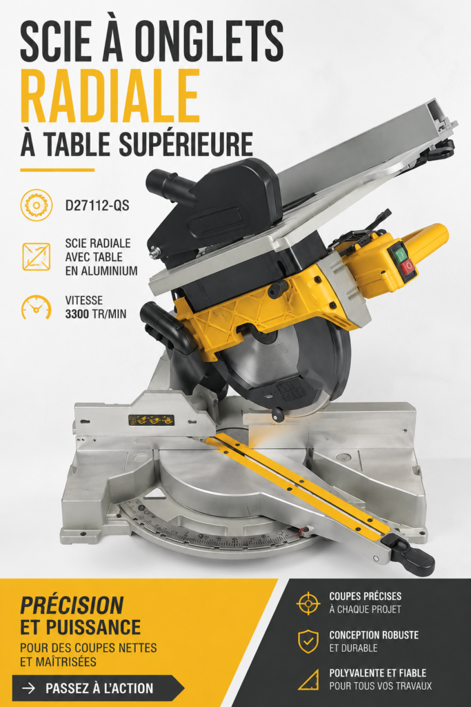 Scie à onglets radiale DEWALT D27112-QS sur une surface de travail