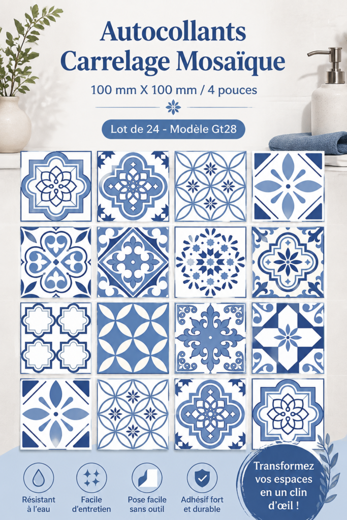 Stickers de carrelage colorés appliqués sur une salle de bain moderne.
