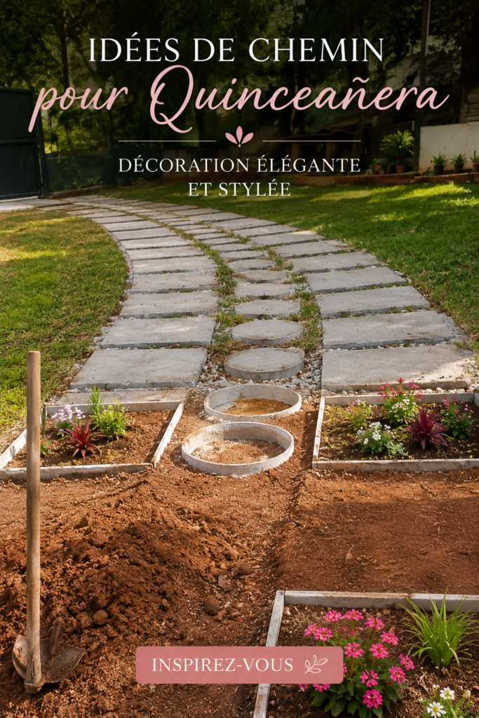 Un chemin de Quinceanera décoré de fleurs et de lanternes, créant une ambiance festive
