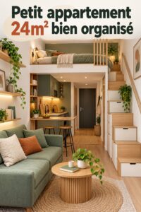 Un minipiso judicieux aménagé avec une chambre en hauteur et un espace de vie bien agencé.