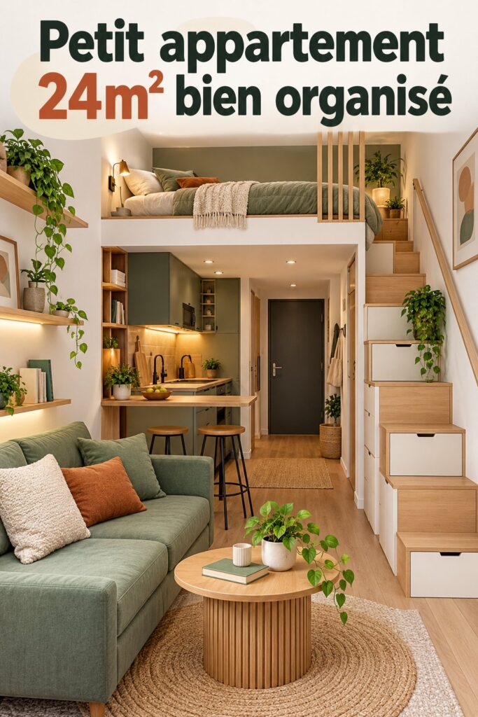 Un minipiso judicieux aménagé avec une chambre en hauteur et un espace de vie bien agencé.