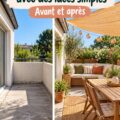 Terrasse décorée avec des plantes et du mobilier confortable