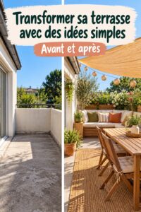 Terrasse décorée avec des plantes et du mobilier confortable