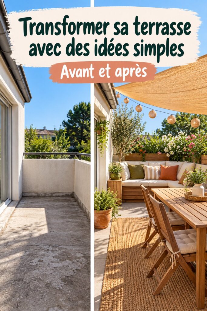 Terrasse décorée avec des plantes et du mobilier confortable