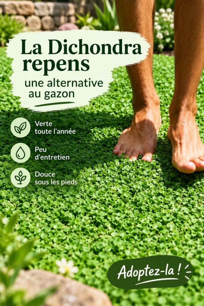 Jardin avec une pelouse en dichondra repens, douce et verdoyante.