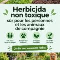 Jardin fleuri avec des plantes saines et un logo d'herbicide non toxique