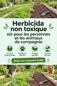 Jardin fleuri avec des plantes saines et un logo d'herbicide non toxique