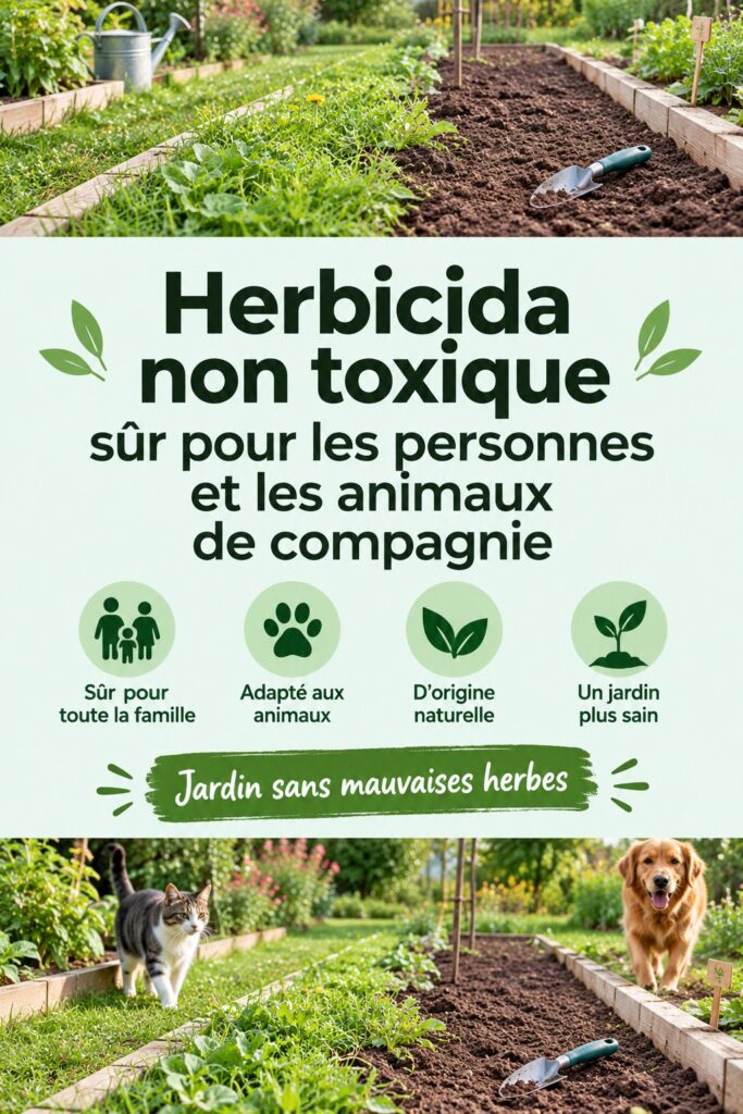 Jardin fleuri avec des plantes saines et un logo d'herbicide non toxique