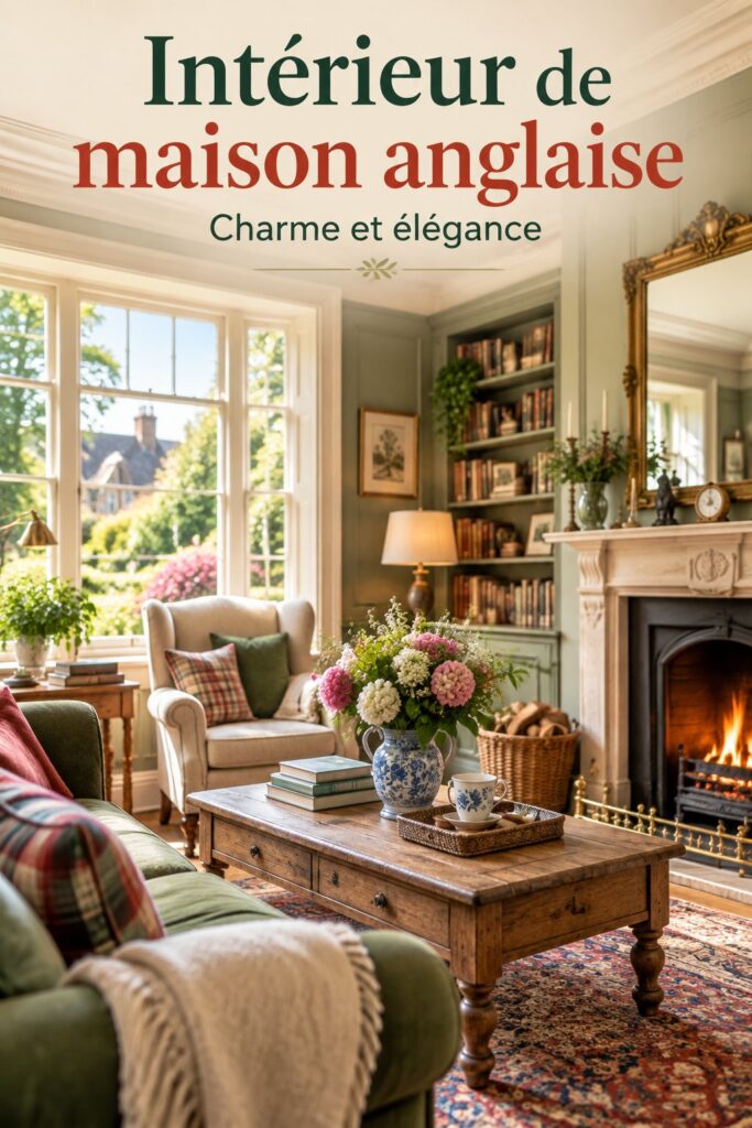 Un intérieur chaleureux et accueillant inspiré du style anglais avec des meubles en bois et des textiles coquets.
