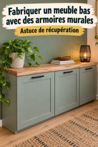 Meuble sous-vasque élégant transformé à partir de meubles hauts dans une salle de bain moderne.