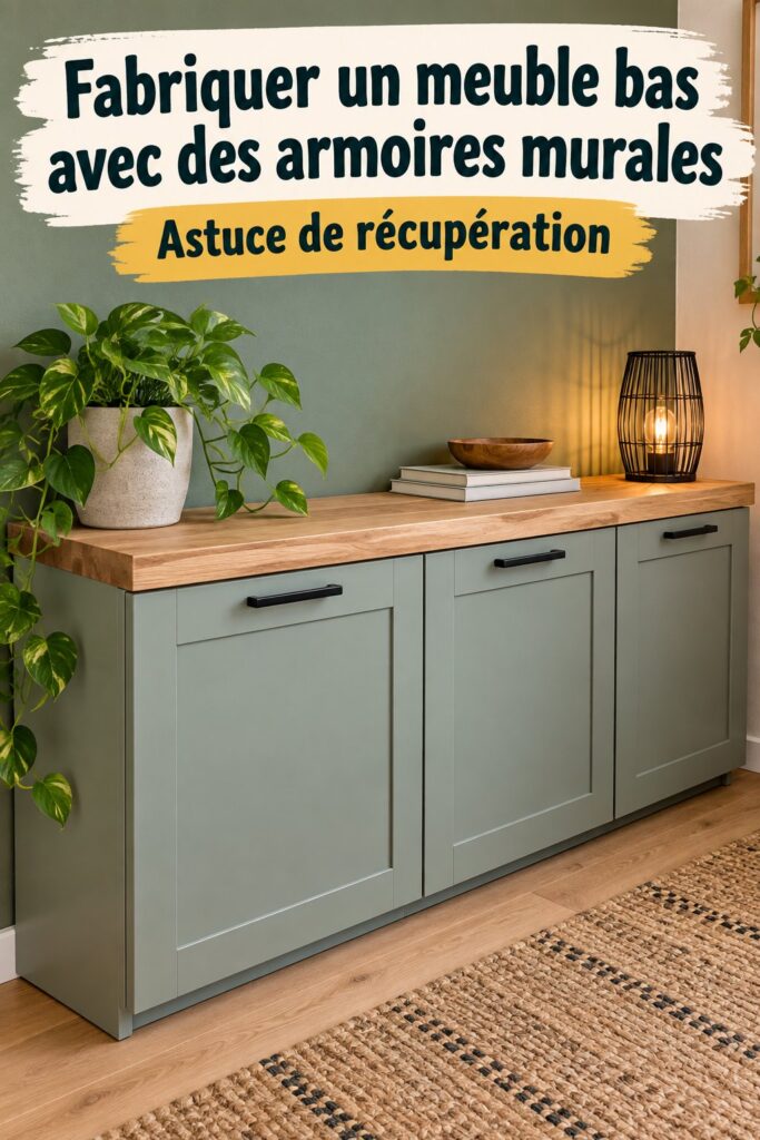 Meuble sous-vasque élégant transformé à partir de meubles hauts dans une salle de bain moderne.