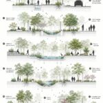 Parc linéaire harmonieux dans un jardin moderne, avec des fleurs et des chemins en gravier.