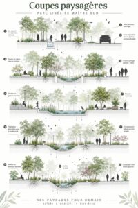Parc linéaire harmonieux dans un jardin moderne, avec des fleurs et des chemins en gravier.