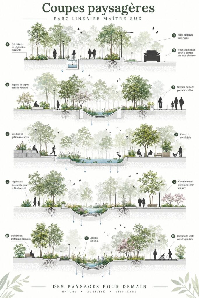 Parc linéaire harmonieux dans un jardin moderne, avec des fleurs et des chemins en gravier.