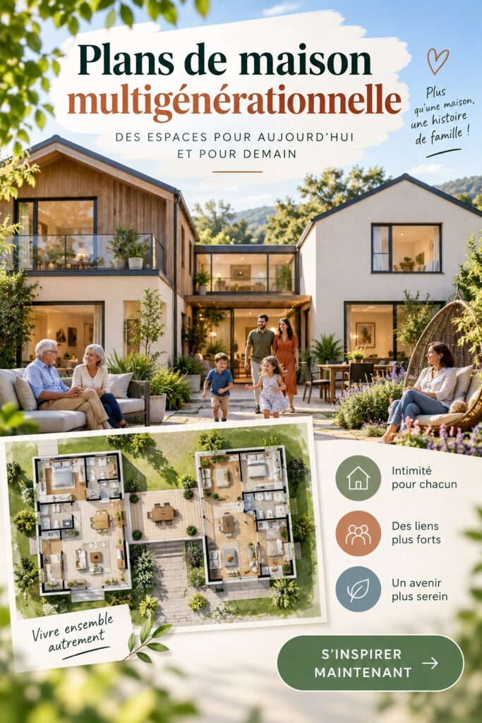 Plan de maison multigénérationnelle avec jardin et espaces communs