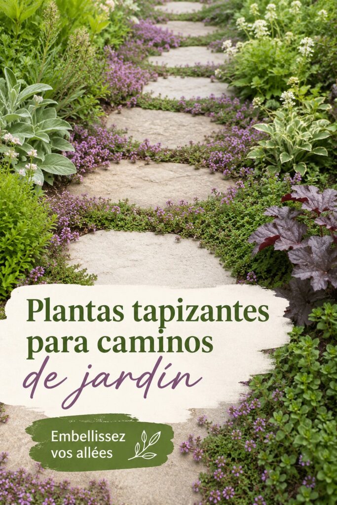 Jardin avec des plantes couvre-sols fleuries bordant un chemin