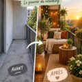 Balcon transformé en un espace de luxe avec du mobilier élégant et des plantes.
