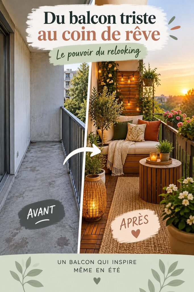 Balcon transformé en un espace de luxe avec du mobilier élégant et des plantes.