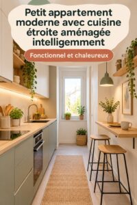 Salle de bain moderne optimisée avec des rangements astucieux et un décor chaleureux.