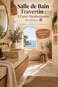 Salle de bain élégante en travertin, mettant en valeur un design méditerranéen.