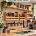 Atelier bien aménagé avec un mur d'étagères en bois, illustrant l'organisation à petit prix.
