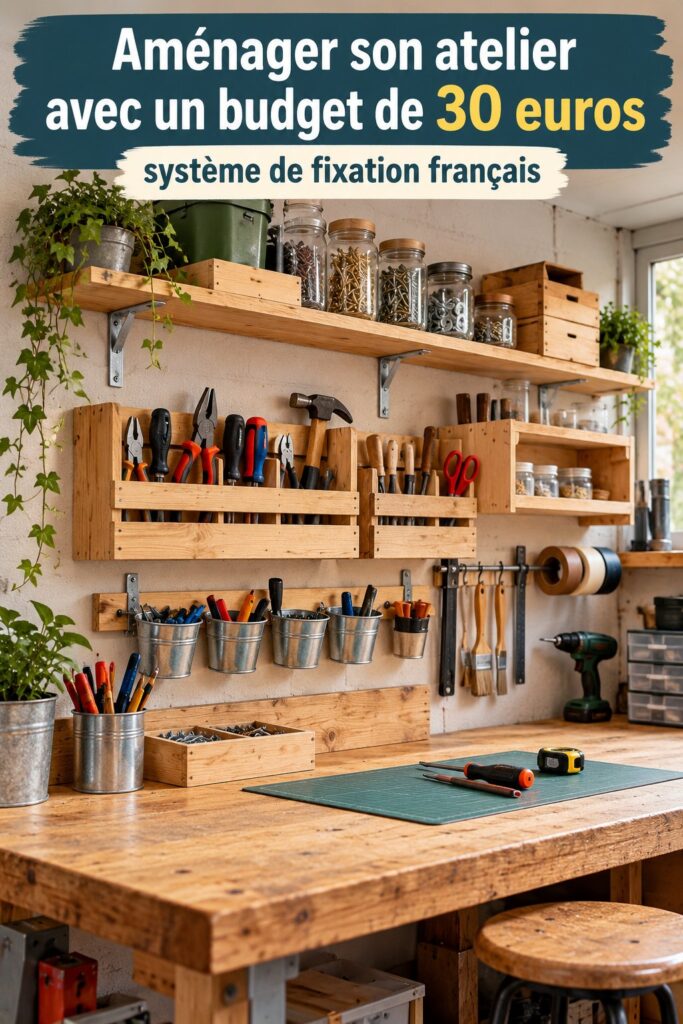 Atelier bien aménagé avec un mur d'étagères en bois, illustrant l'organisation à petit prix.