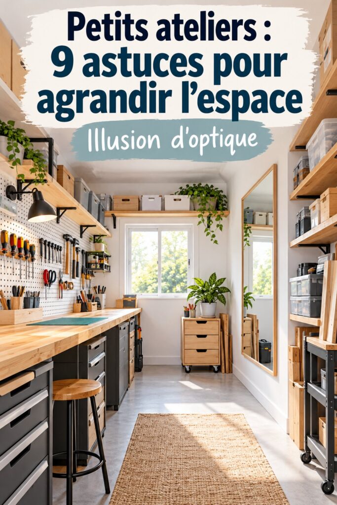 Un petit atelier bien agencé avec des rangements pratiques et des couleurs claires.