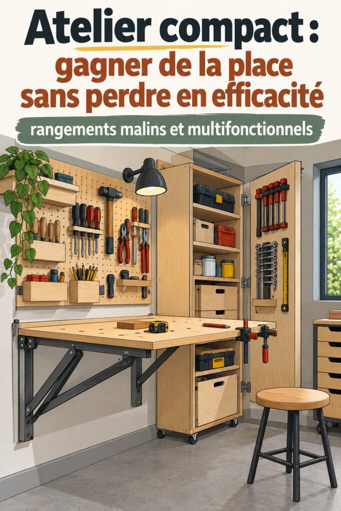Un espace de bricolage compact et bien agencé avec des meubles multifonctionnels.