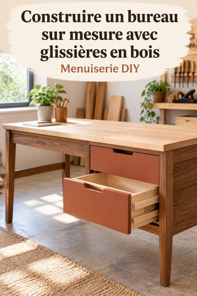 Bureau sur mesure en bois avec tiroirs à glissières en bois, conçu dans un espace chaleureux et fonctionnel.