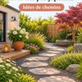 Chemin en pierres élégantes illuminant un jardin verdoyant.