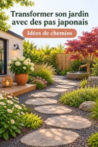 Chemin en pierres élégantes illuminant un jardin verdoyant.