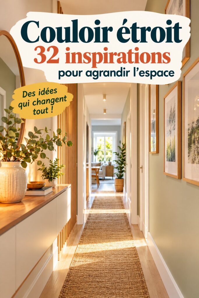Un couloir étroit bien aménagé, avec des couleurs claires et des décorations élégantes.