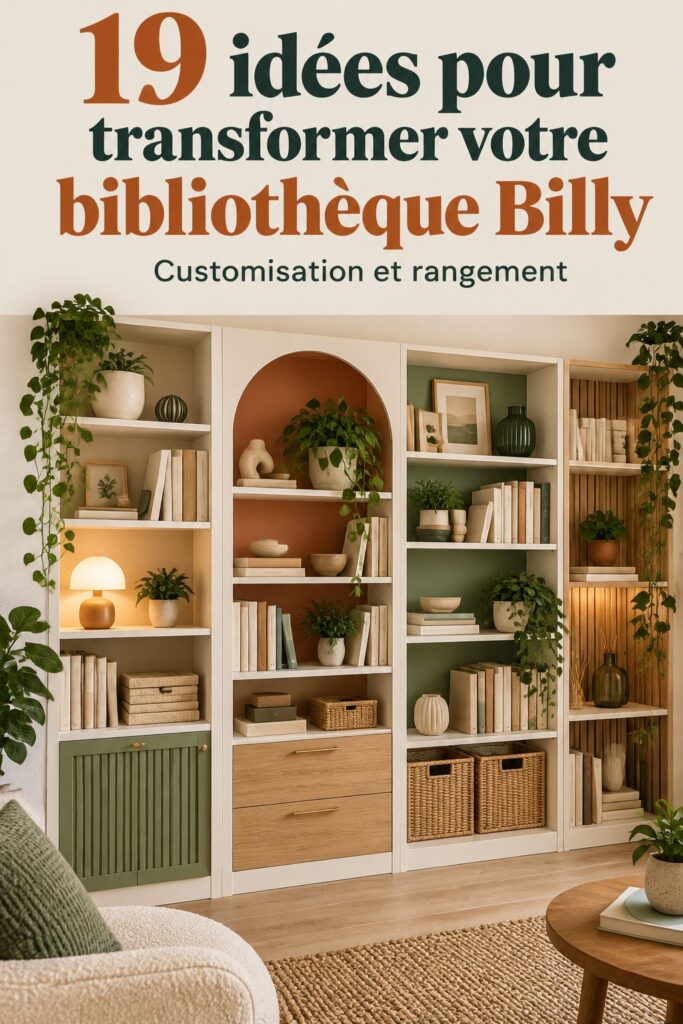 Bibliothèque Ikea Billy élégamment aménagée dans un salon moderne.