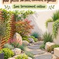 Jardin de pierres bien organisé sur une petite surface, avec des plantes vertes et des cailloux décoratifs.