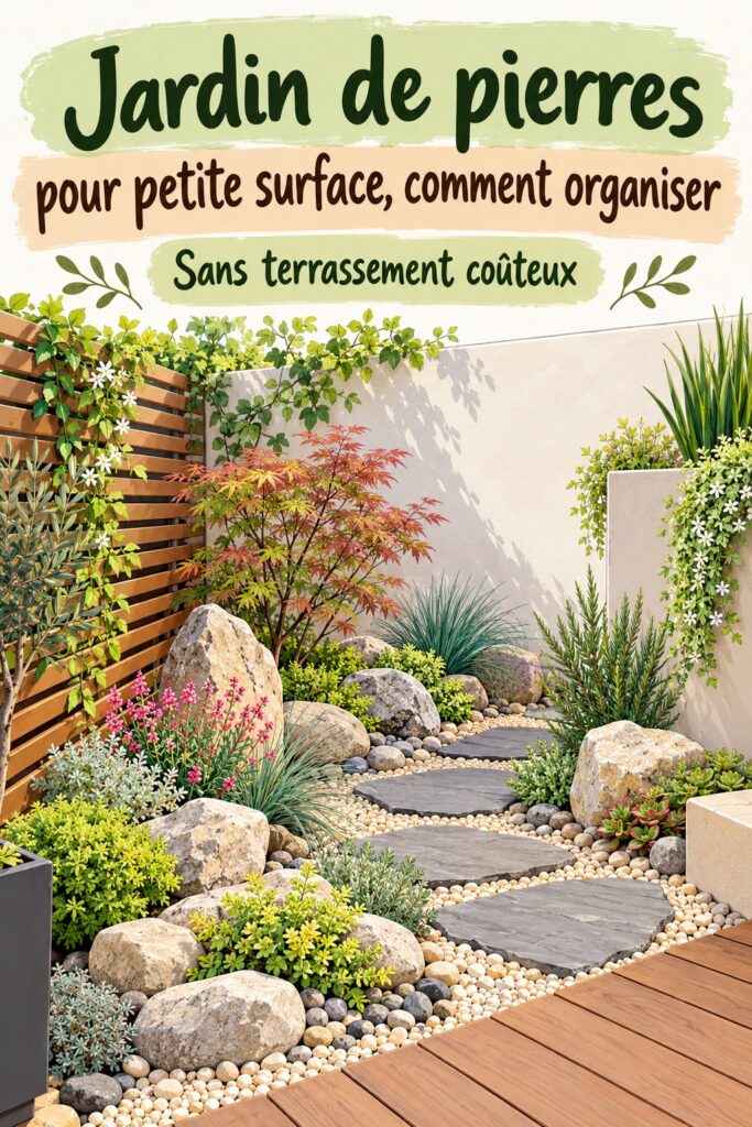 Jardin de pierres bien organisé sur une petite surface, avec des plantes vertes et des cailloux décoratifs.